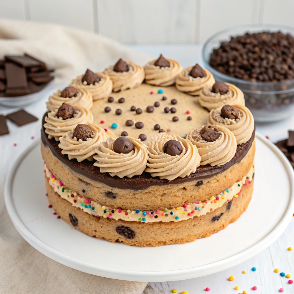 A beautifully decorated cookie dough cake with layers of moist cake and edible cookie dough filling, topped with chocolate chips and sprinkles.