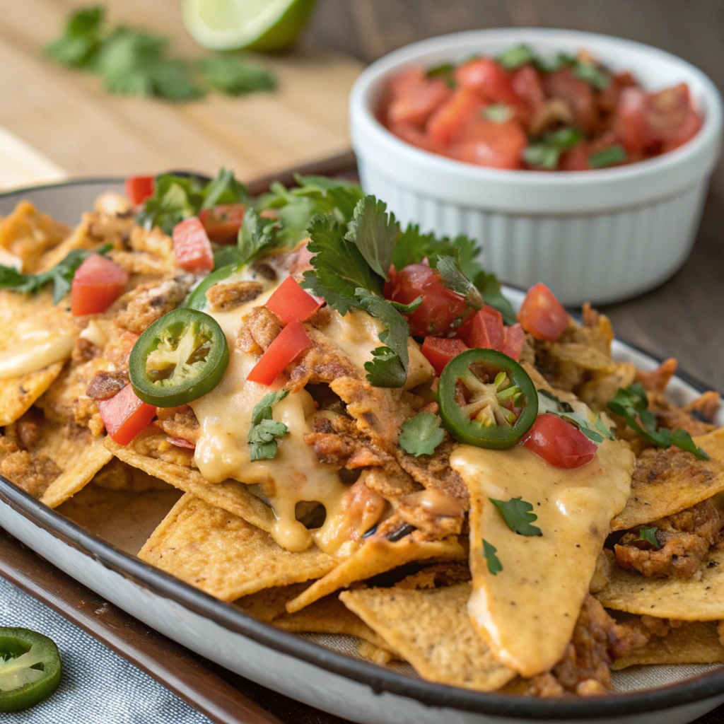 A close-up of BBQ chicken nachos on a platter, topped with melted cheese, diced tomatoes, jalapeños, and fresh cilantro