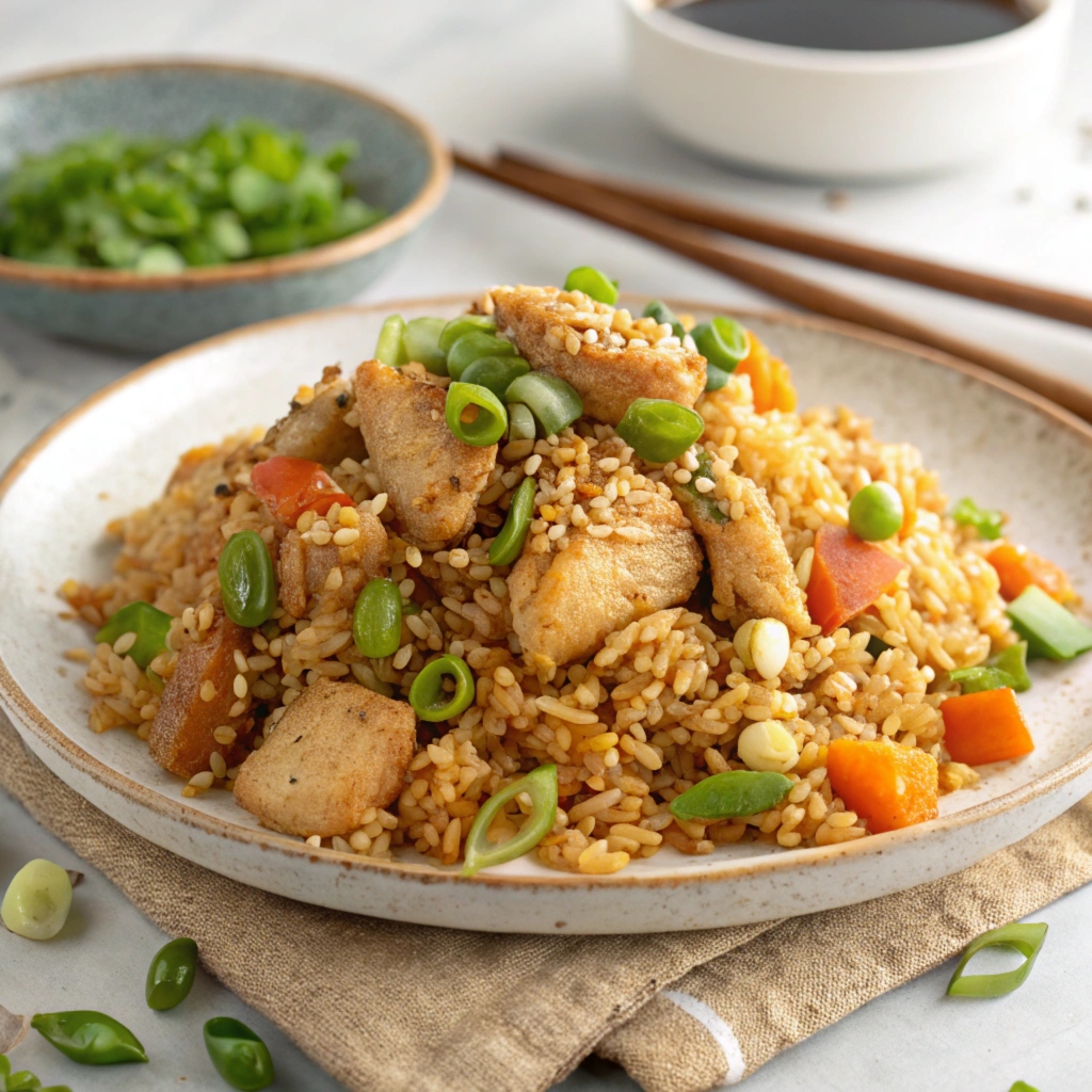 A plate of crispy Blackstone chicken fried rice garnished with green onions and sesame seeds.