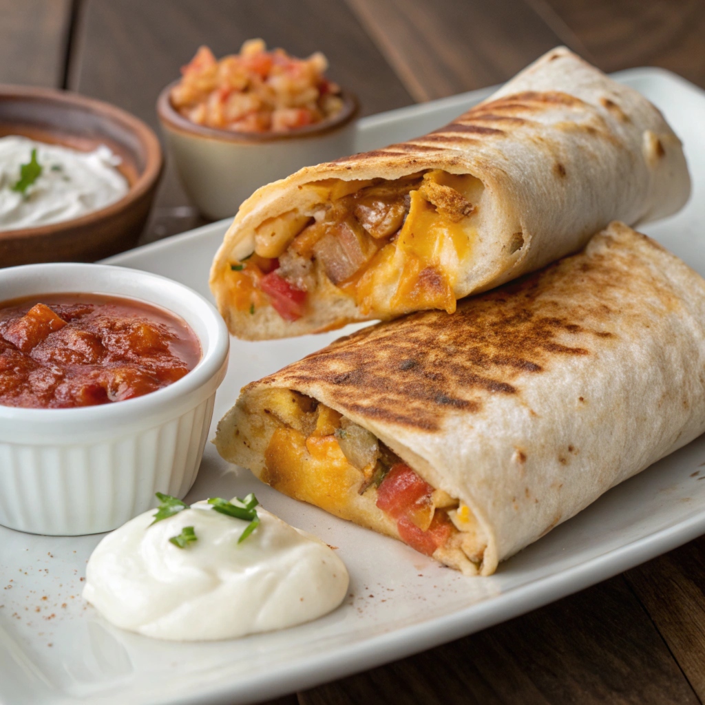 Crispy Grilled Cheese Burrito served with salsa and sour cream.