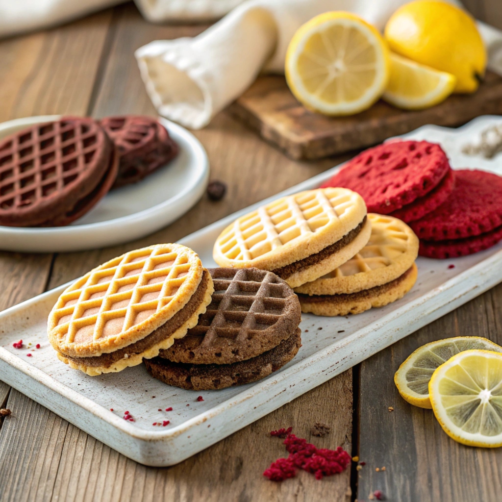 A variety of waffle cookies, including chocolate chip, red velvet, and lemon zest flavors, displayed on a rustic wooden table.