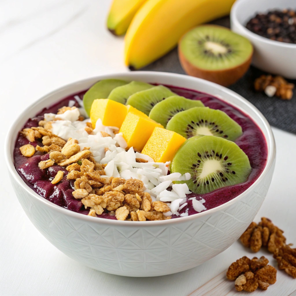 A vibrant tropical smoothie açai bowl topped with fresh mango, kiwi, granola, and coconut flakes.