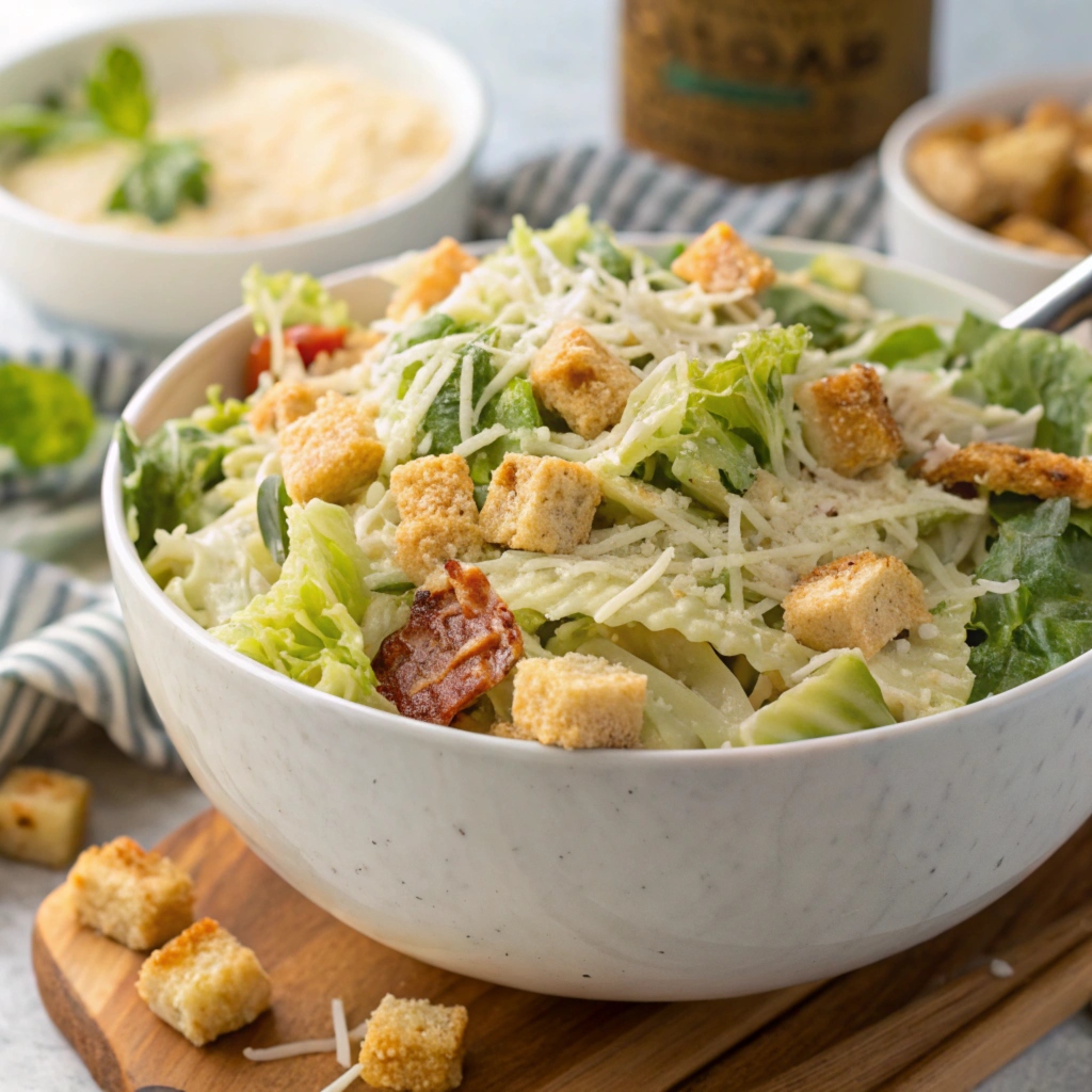 Close-up of Caesar pasta salad in a mixing bowl with evenly coated dressing and fresh toppings ready to serve.