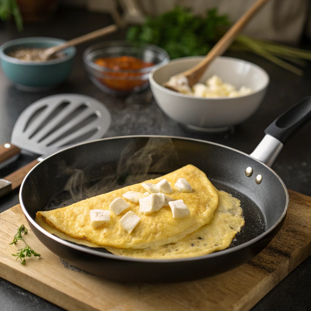  Cooking a cream cheese omelette in a non-stick pan