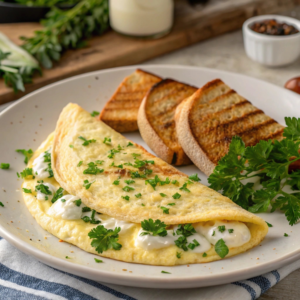 Cream cheese omelette garnished with fresh parsley and served with toast.