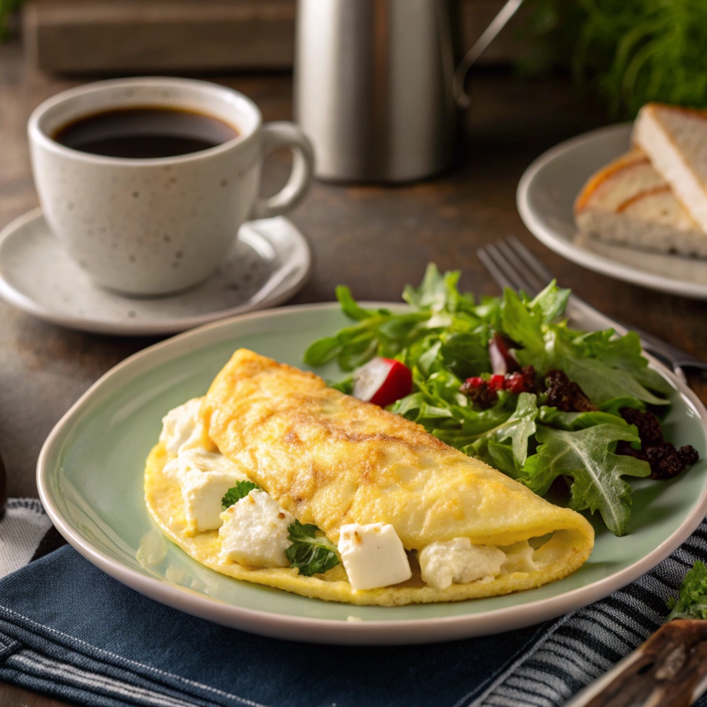  Cream cheese omelette served with salad greens and a cup of coffee.