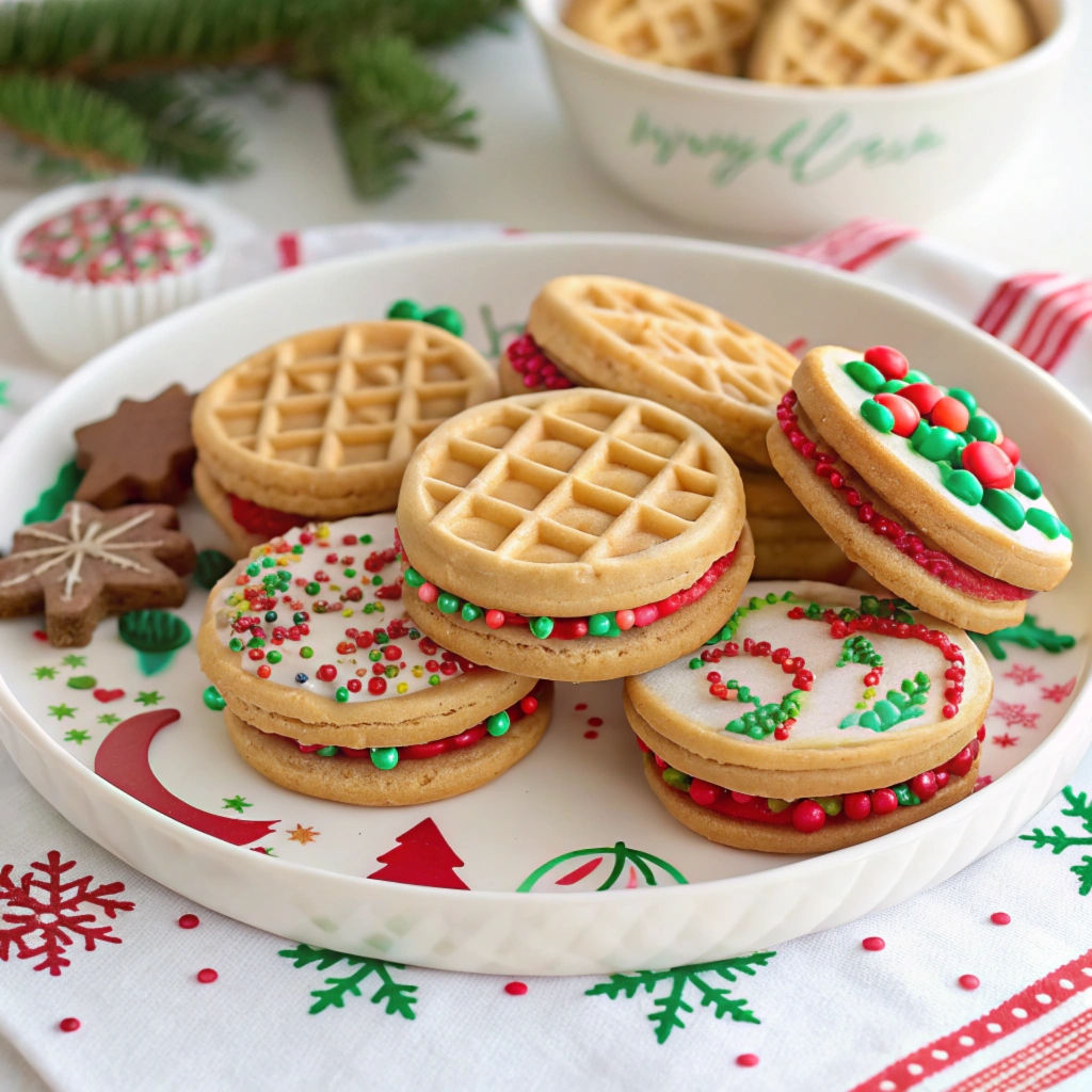 Festively decorated waffle cookies with colorful sprinkles and icing, served on a holiday-themed platter.