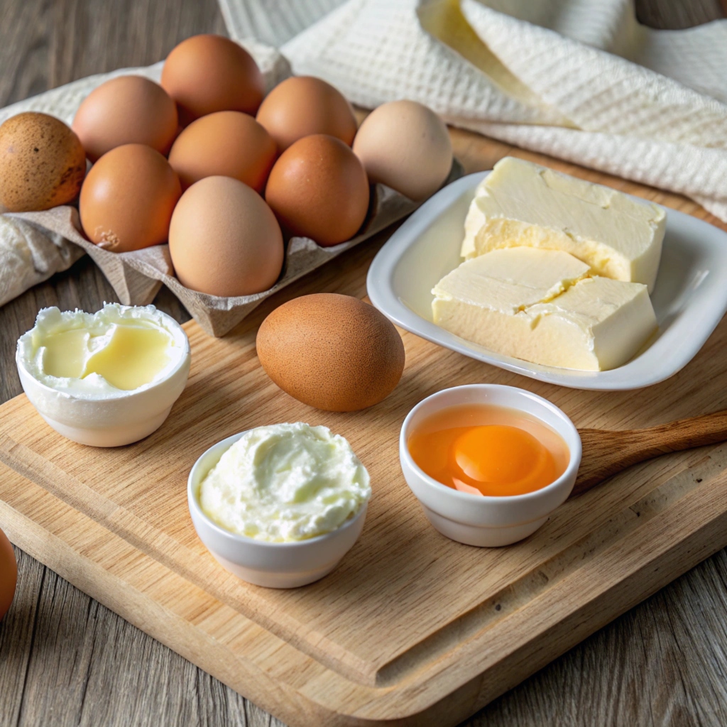 Fresh eggs, cream cheese, and butter on a wooden cutting board.