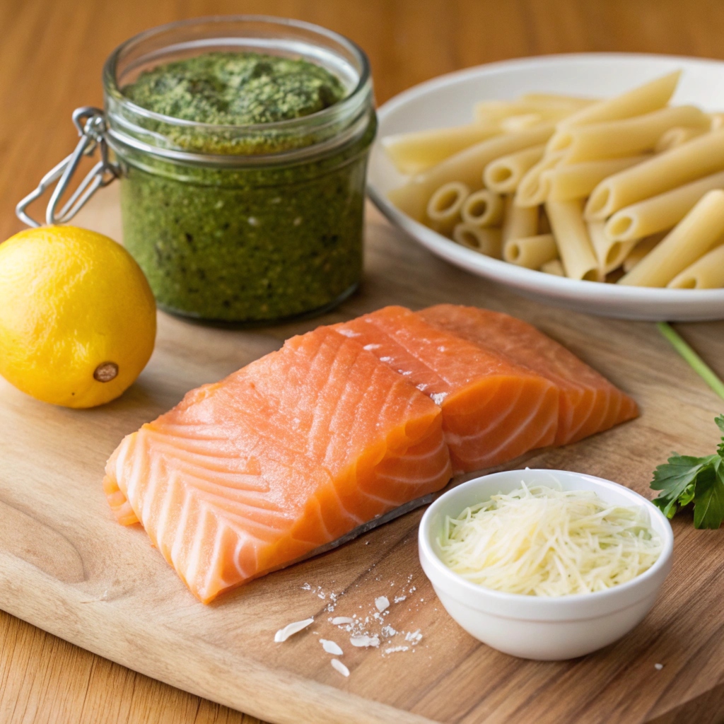 Fresh salmon, a jar of pesto sauce, penne pasta, lemon, and parmesan cheese on a wooden kitchen counter.