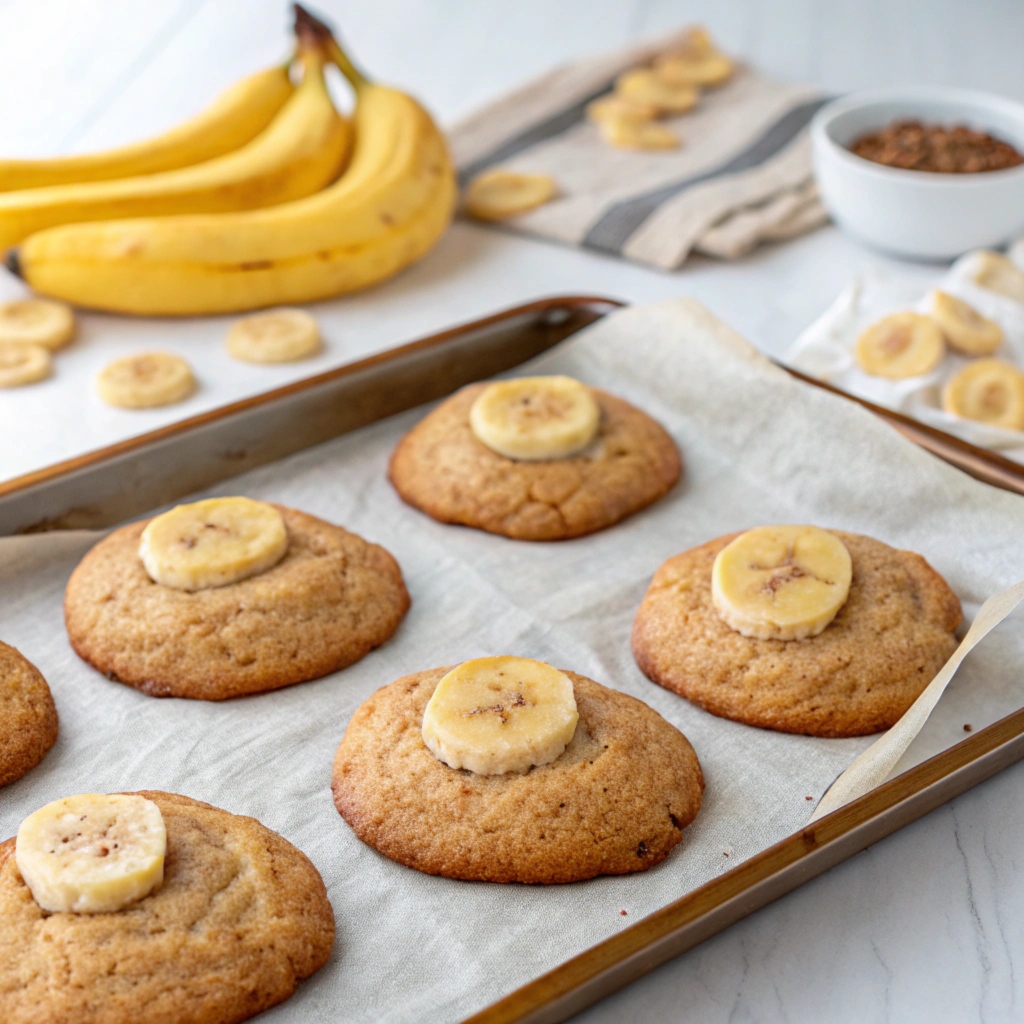 "Freshly baked banana bread cookies on a parchment-lined baking sheet, showcasing their golden edges and soft centers