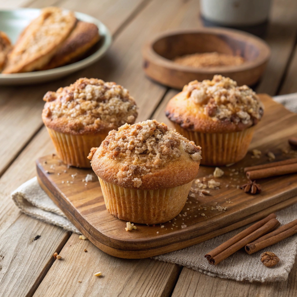 Batter being spooned into muffin liners with streusel topping ready for sprinkling.