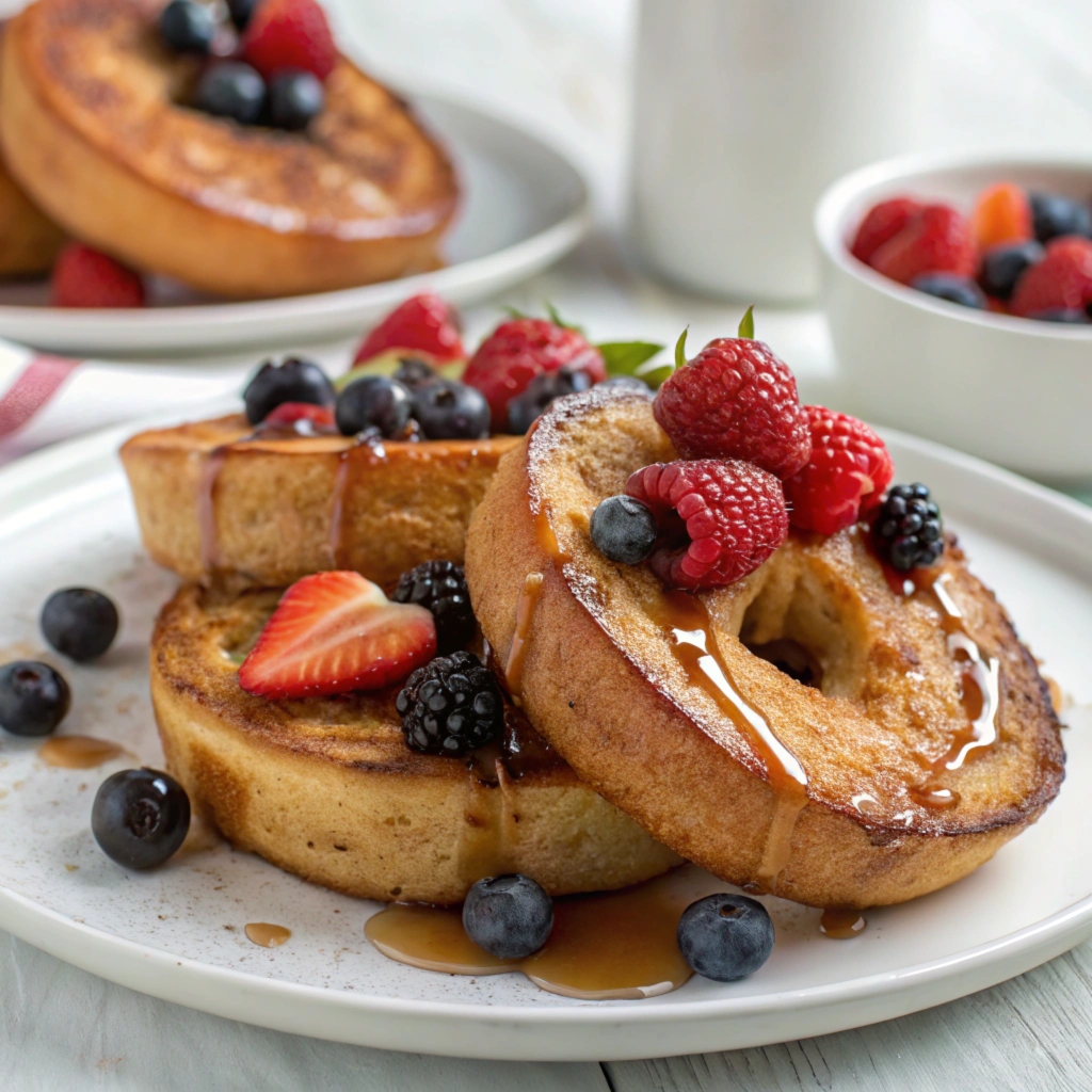 Golden brown French Toast Bagels served with syrup and fresh berries on a white plate.