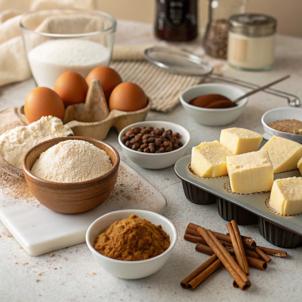 Ingredients for coffee cake muffins laid out on a kitchen counter: flour, sugar, eggs, butter, and cinnamon