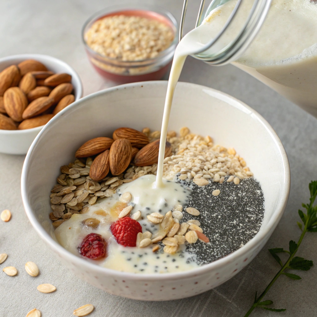 Ingredients for making overnight oats without yogurt, including oats, almond milk, and chia seeds