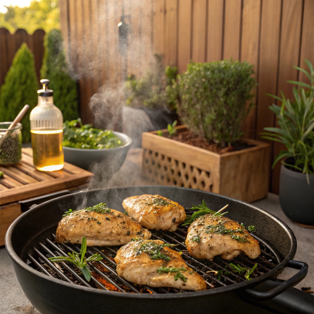 Juicy grilled chicken breasts cooking on an outdoor grill, seasoned with herbs and olive oil.