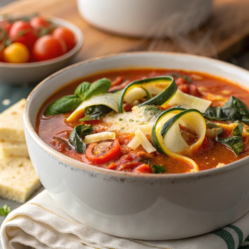  low carb lasagna soup, rich with tomato base, zucchini ribbons, spinach, and melted cheese. 