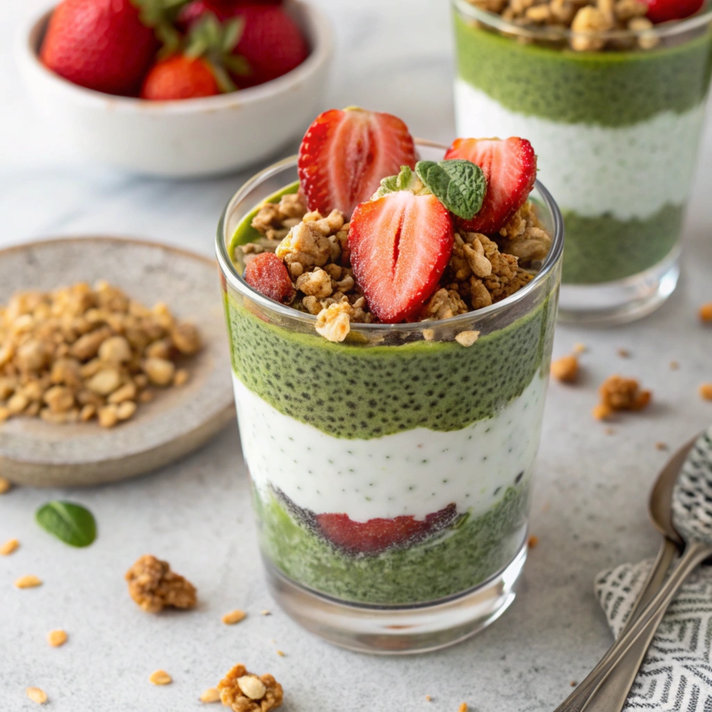 Layered matcha chia seed pudding parfait in a glass with granola and strawberries.