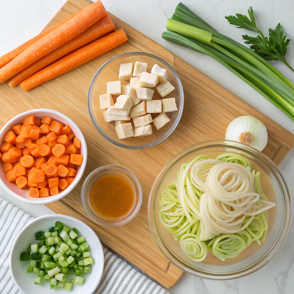 Vegan chicken noodle soup served in a white bowl with a rustic wooden spoon and bread slices."
